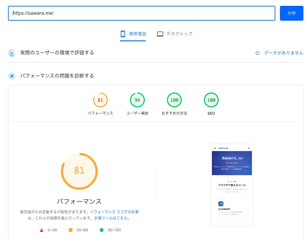改善前のLighthouseの計測結果（スマホ）