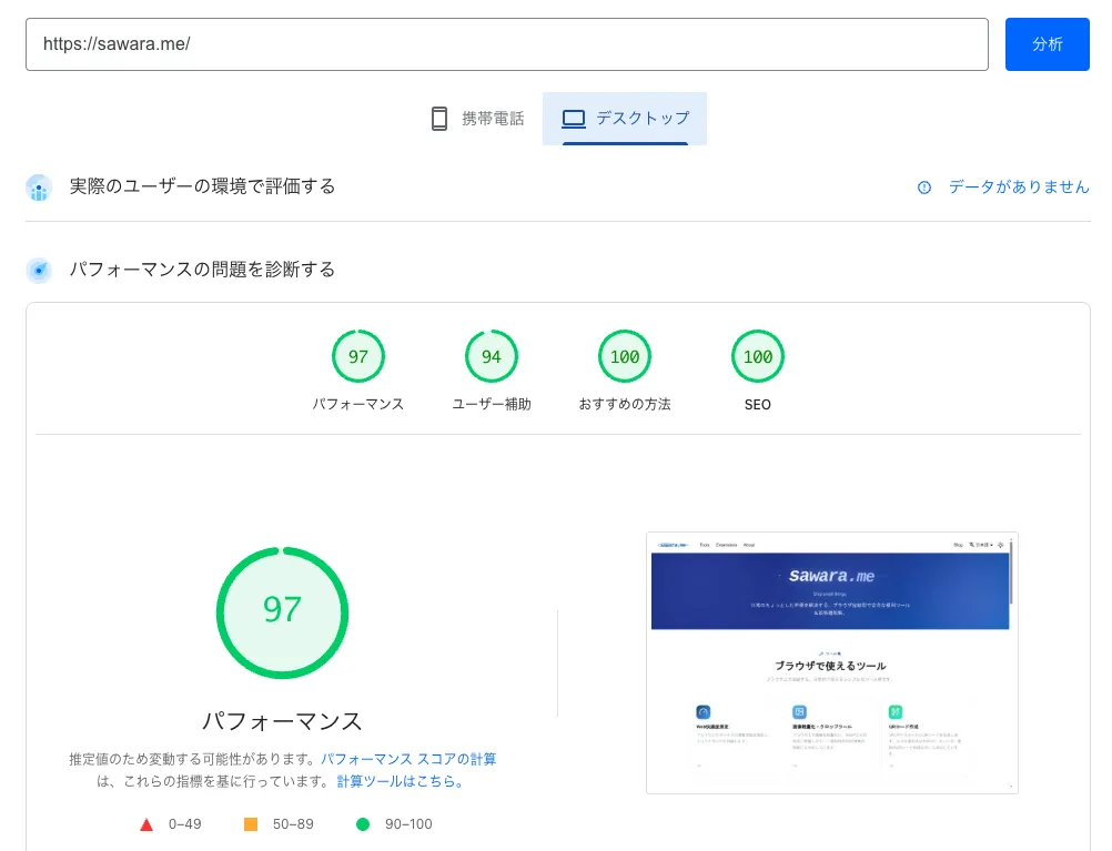 改善前のLighthouseの計測結果（PC）