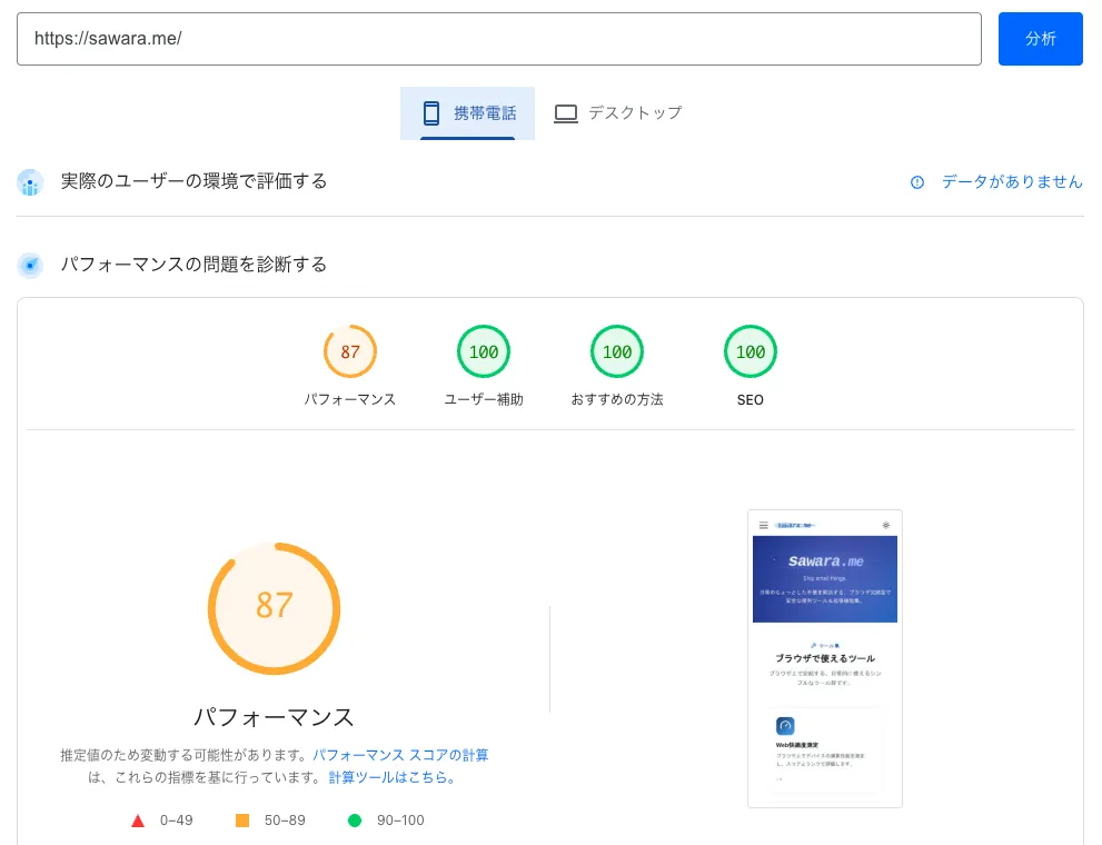 改善後のLighthouseの計測結果（スマホ）