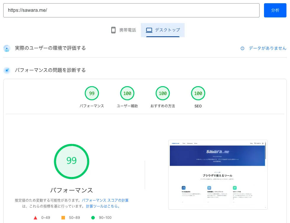 改善後のLighthouseの計測結果（PC）