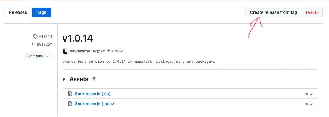 GitHubのタグ一覧からのリリース作成ボタン